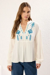 Ecru V Neck Embroidery Detailed Regular Woven Blouse
