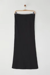 Black 100% Linen Elastic Waist High Waist Midi Skirt