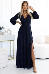 572-1 NELA Shiny Long Dress with Neckline and Long Sleeves - DARK BLUE