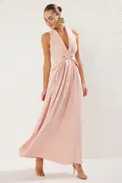 Powder Accessory Detail Double Breasted Maxi Chic Evening Dress