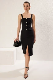 Black Body-hugging Button Detail Midi Woven Dress