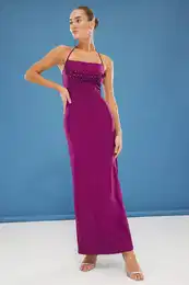 Plum Bodycon Floral Applique Woven Maxi Evening Dress