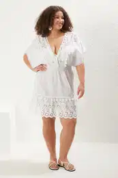 Curve White Crinkle Embroidery Detail Mini Beachwear Plus Size Dress