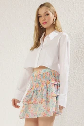 Multicolored Floral Patterned Frilled Mini Woven Skirt