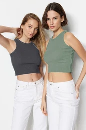 Anthracite-Mint 2-Pack Crop Barbell Neck Ribbed Flexible Knit Undershirt
