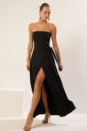 Black Strapless Back Detail Woven Long Elegant Evening Dress