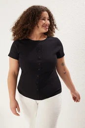 Curve Black Button Detail Fitted Corduroy Knitted Plus Size Blouse