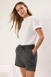 Anthracite Textured Crepe High Waist Elastic Short Knit Shorts & Bermudas