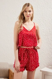 Red Polka Dot Ruffle Detail Woven Pajama Set with Rope Strap Viscose Shorts