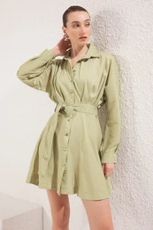 Oil Green Striped Mini Woven Dress