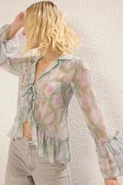 Multi-Colored Front Body and Sleeve Ruffle Detail Tied Woven Shirt