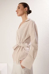 Beige Side Tie Detail Flamed Cotton Regular Regular Pattern Woven Shirt