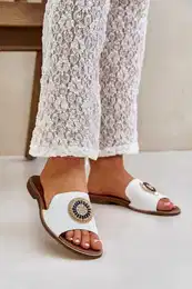 Lewski Shoes Leather Slippers With Decoration On Flat Heel White Lewski