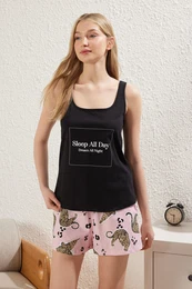 Black 100% Cotton Animal Patterned Slogan Shorts Knitted Pajama Set