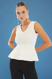 Ecru V-Neck Peplum Knitwear Blouse