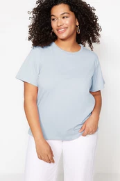 Curve Blue Regular Fit Basic Crew Neck 100% Cotton Knitted Plus Size T-Shirt