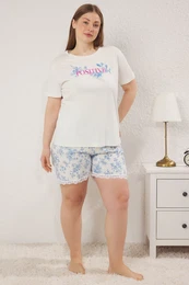 Curve Ecru-Blue Floral Patterned Tied Waist Knitted Pajama Set