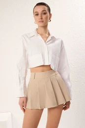 Mink Pleated Mid Waist Super Mini Woven Skirt Look Shorts