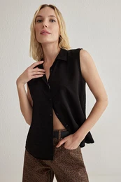 Black Zero Sleeve Regular Regular Pattern Woven Shirt