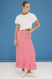Red Seersucker Fabric Gingham Pattern Maxi Length Woven Skirt
