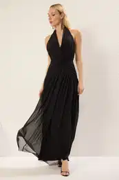 Black A-Line Draped Detail Tulle Knitting Maxi Evening Dress & Graduation Dress
