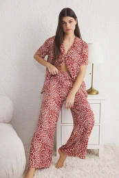 Multicolored Leopard Patterned Viscose Woven Pajama Set