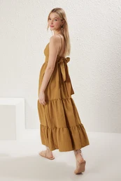 Oil Green Plain Midi Woven Dress