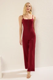 Burgundy Wide Leg Woven Stylish Jumpsuit with Hooked Detail