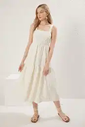 Ecru Plain A Cut Midi Embroidered Woven Dress