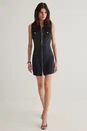 Black Zipper Detailed Stand Collar Mini Denim Dress