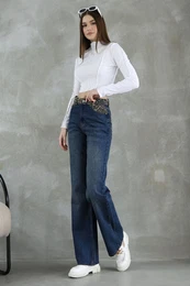 Dark Blue Leopard Pocket Detailed High Waist Straight Jeans