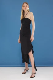 Black Strappy Pleated Slit Ruffle Bodycone/Fits Body Maxi Knit Dress