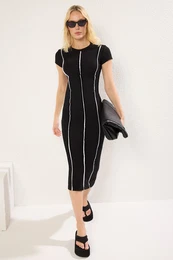 Black Ribbed Detail Bodycone/Body Fitted Midi Knit Dress