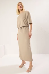 Stone Soft Touch Tie Detailed Maxi Flexible Skirt