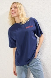 Navy Blue Premium 100% Cotton Back and Front Printed Oversize/Wide Pattern Knitted T-Shirt