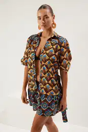Ethnic Patterned Mini Woven 100% Cotton Balloon Sleeve Beach Dress