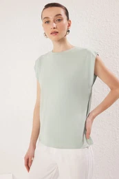 Mint Modal Content Moon Arm Regular Cut Crew Neck Knitted T-Shirt