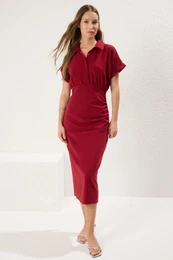Burgundy Straight Cut Shirt Collar Midi Woven Dress