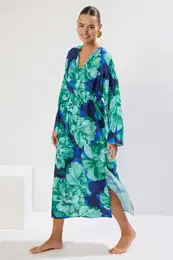 Floral Patterned Maxi Woven Slit Beach Dress