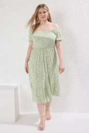 Curve Light Green Shawl Ethnic Patterned A-line Maxi Length Knitted Plus Size Dress