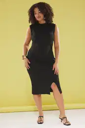 Curve Black Stitching and Slit Detail Midi Knit Dress