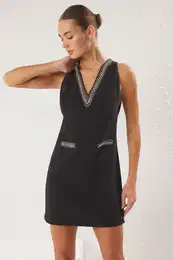 Black Plain Stone Accessory Woven Mini Chic Dress