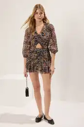 Black Floral Patterned Cut Out Detailed Mini Lined Chiffon Woven Jumpsuit