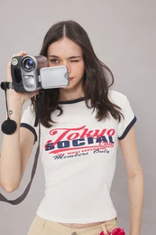 Ecru Slogan Print Color Block Fitted/Body Fitted Knitted T-Shirt