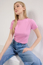 Pink Piping Detail Crew Neck Crop Ribbed Flexible Knit Blouse