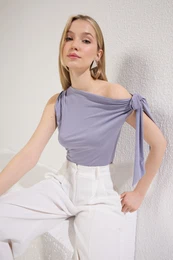 Grey Asymmetric Collar Tie Detail Stretchy Knitted Blouse