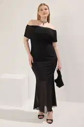 Curve Black Carmen Collar Tulle Knit Plus Size Dress