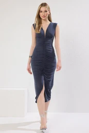 Anthracite Bodycone/Body Fitted Pleated Detailed Knitted Stretch Midi Pencil Dress