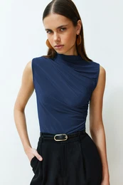 Indigo Zero Sleeve Gathered Body-Smoothing Flexible Knitted Blouse