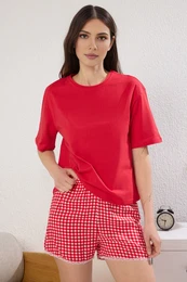 Red Gingham Lace Detail Knitted Pajama Set with Viscose Shorts